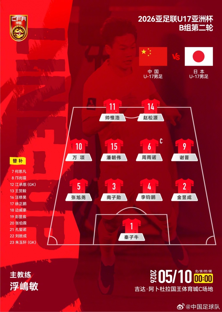 中欧体育-U17亚洲杯B组第二轮，中国U-17男足对阵日本U-17男足，首发公布